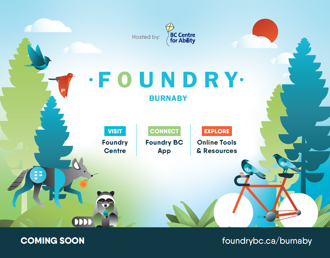 Graphic forest illustration with a raccoon, four birds, and a coyote. In the centre shows the Foundry Burnaby and BC Centre for Ability logos with this text: Coming soon. Visit Foundry Centre, Connect Foundry BC App, Explore Online Tools & Resources