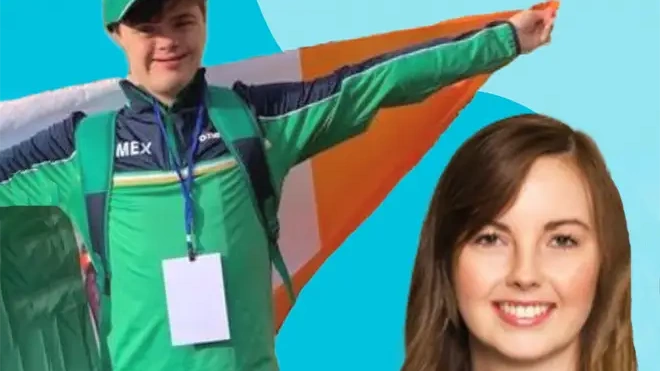 Rebekah and her brother with outstretched arms holding a flag