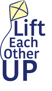 Navy text reading "Lift Each Other UP" with a navy and yellow kite coming out of the side of the letter U in "UP".